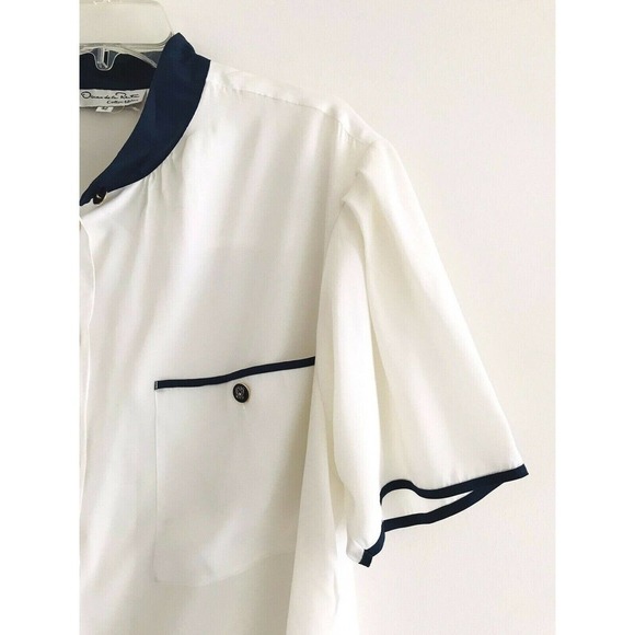 Oscar de la Renta | Vintage Top Womens Size 42 White Button Front Mock Neck - Picture 3 of 11